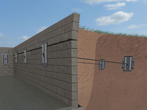 A graphic illustration of a foundation wall system installed in Louisa